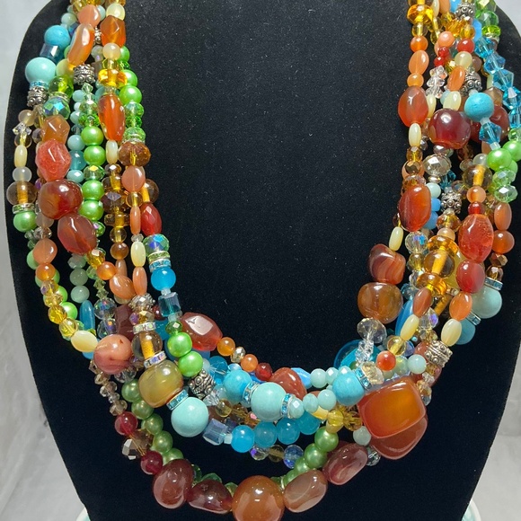 Carnelian Gemstone 6 Strand Statement Necklace 24” - Picture 1 of 11